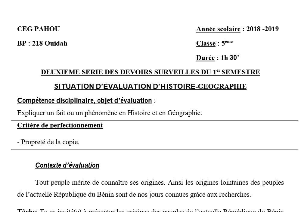 Aperçu de la première page — Histoire Géographie 5e Devoir 2 Semestre 1 CEG Pahou 2018 2019