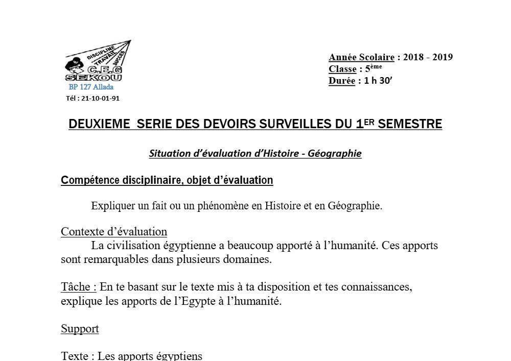 Aperçu de la première page — Histoire Géographie 5e Devoir 2 Semestre 1 CEG Sekou 2018 2019