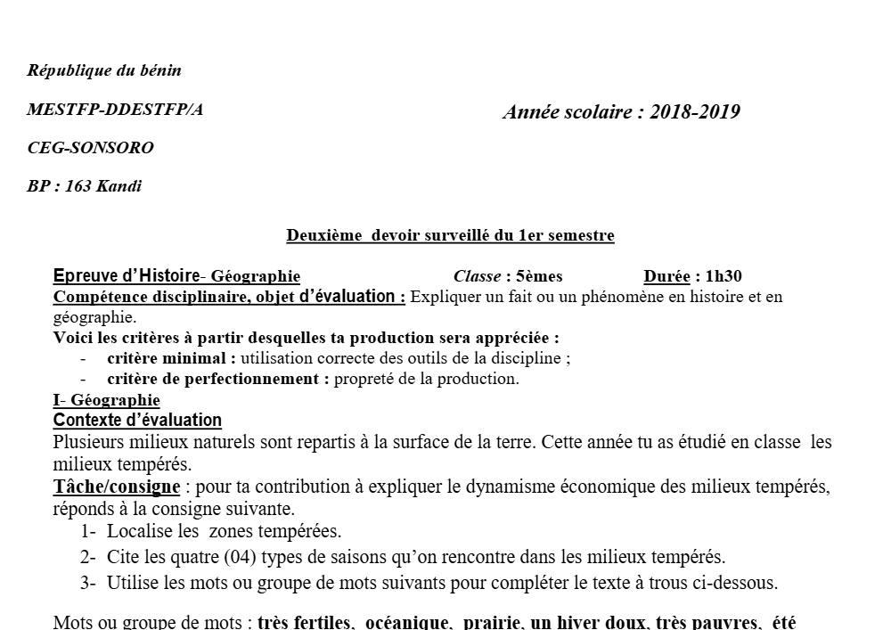 Aperçu de la première page — Histoire Géographie 5e Devoir 2 Semestre 1 CEG Sonsoro 2018 2019