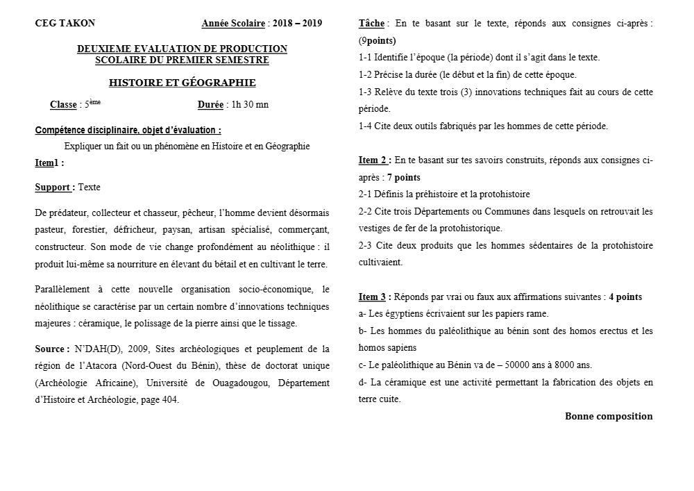 Aperçu de la première page — Histoire Géographie 5e Devoir 2 Semestre 1 CEG Takon 2018 2019