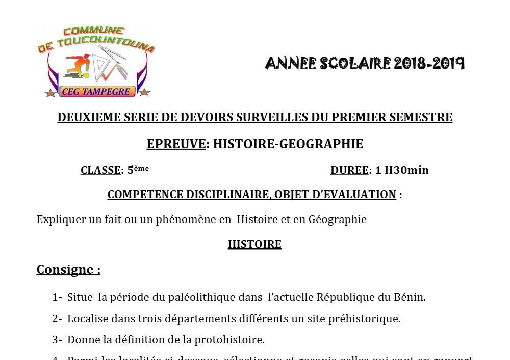 Aperçu de la première page — Histoire Géographie 5e Devoir 2 Semestre 1 CEG Tampegre 2018 2019