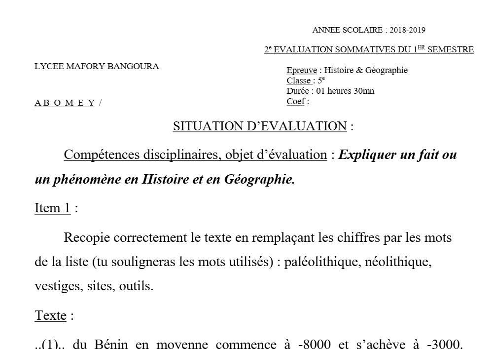 Aperçu de la première page — Histoire Géographie 5e Devoir 2 Semestre 1 Lycée Mafory Bangoura 2018 2019