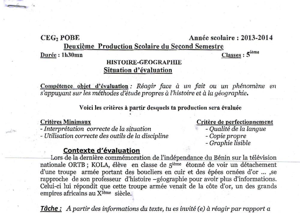 Aperçu de la première page — Histoire Géographie 5e Devoir 2 Semestre 2 CEG2 Pobè 2013 2014