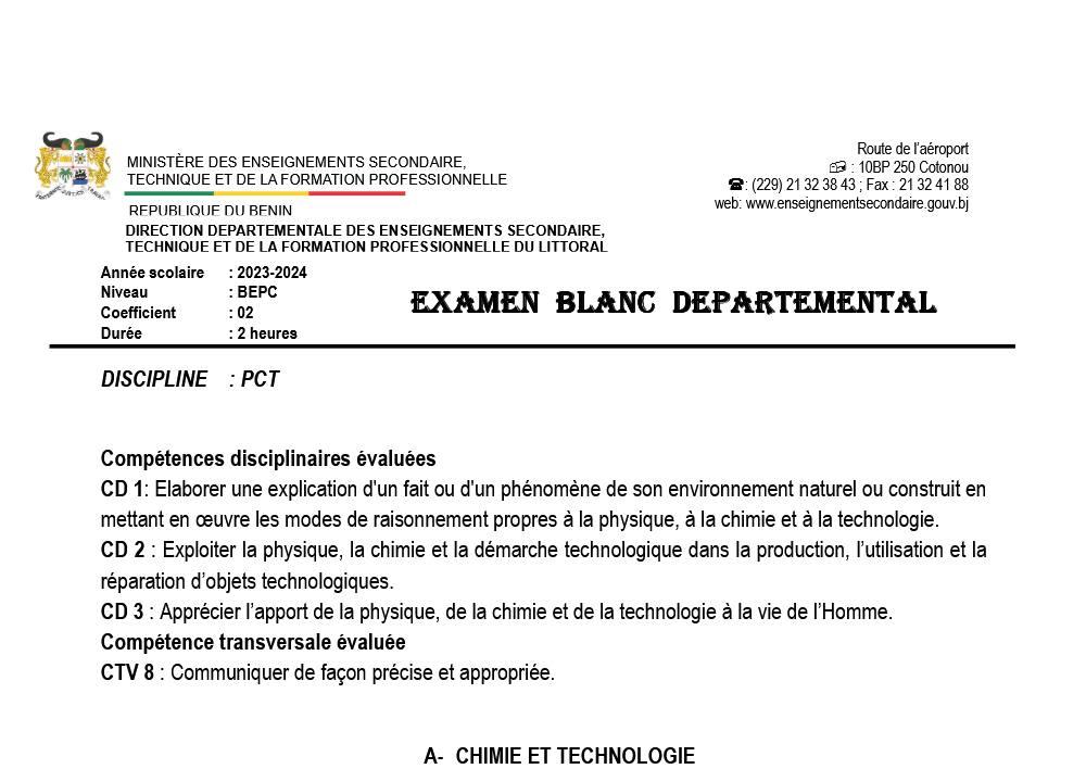 Aperçu de la première page — BEPC BLANC LITTORAL - PCT