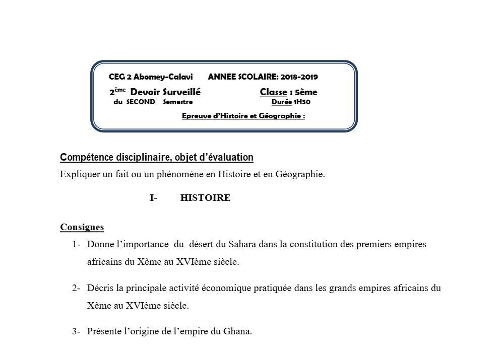 Aperçu de la première page — Histoire Géographie 5e Devoir 2 Semestre 2 CEG Abomey Calavi 2018 2019