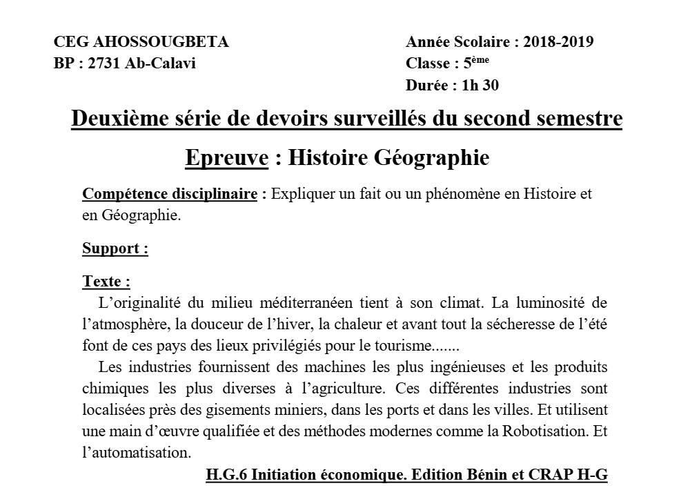Aperçu de la première page — Histoire Géographie 5e Devoir 2 Semestre 2 CEG Ahossougbéta 2018 2019