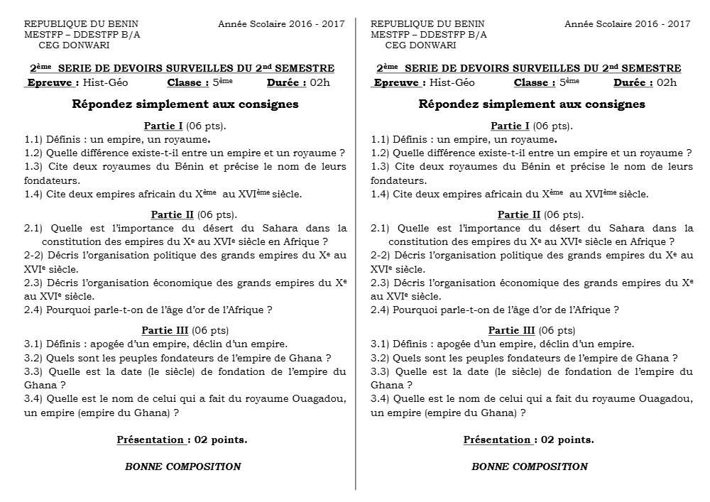 Aperçu de la première page — Histoire Géographie 5e Devoir 2 Semestre 2 CEG Donwari 2018 2019