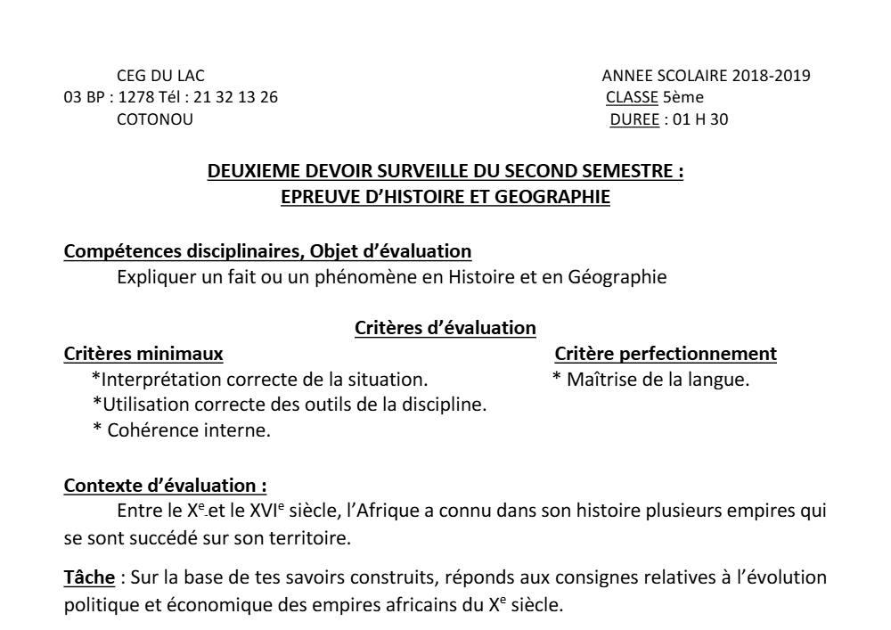 Aperçu de la première page — Histoire Géographie 5e Devoir 2 Semestre 2 CEG du Lac 2018 2019