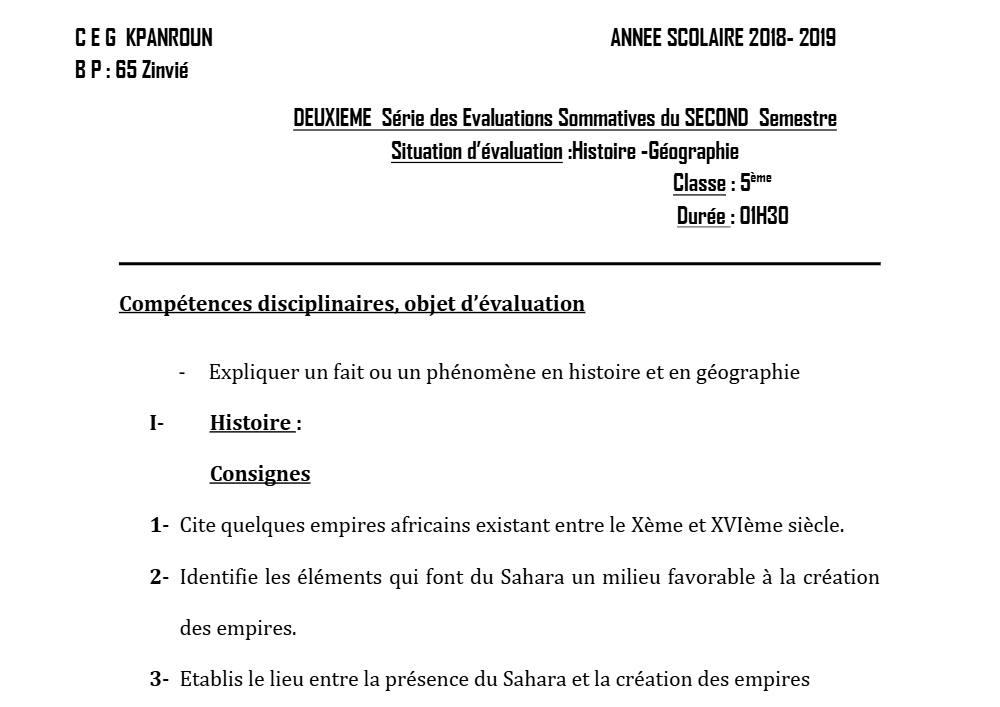 Aperçu de la première page — Histoire Géographie 5e Devoir 2 Semestre 2 CEG Kpanroun 2018 2019