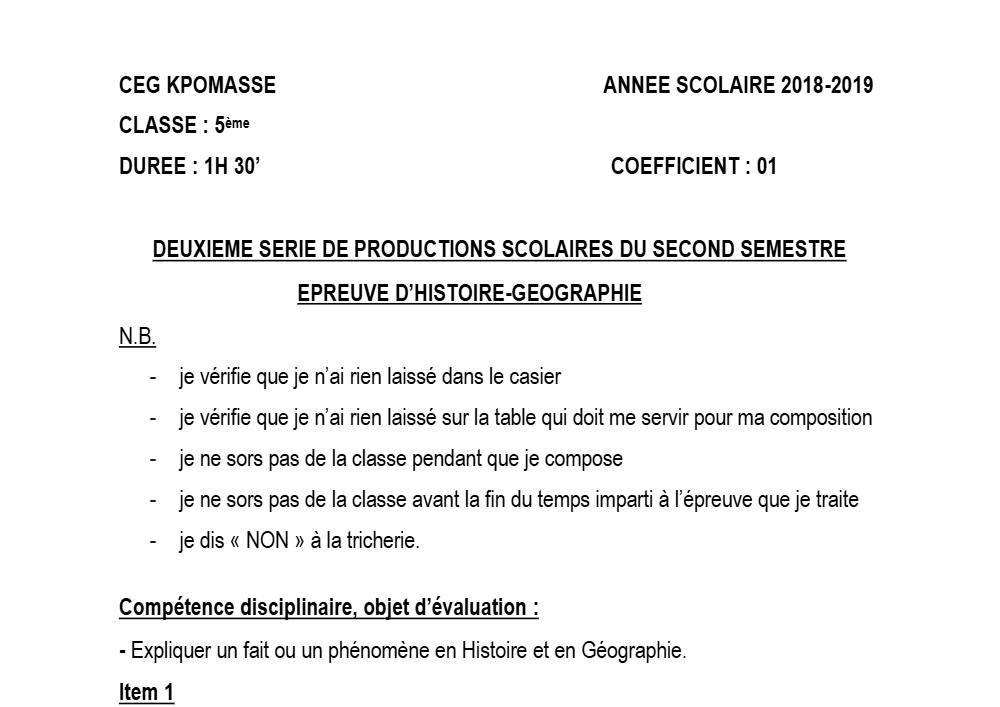 Aperçu de la première page — Histoire Géographie 5e Devoir 2 Semestre 2 CEG Kpomasse 2018 2019