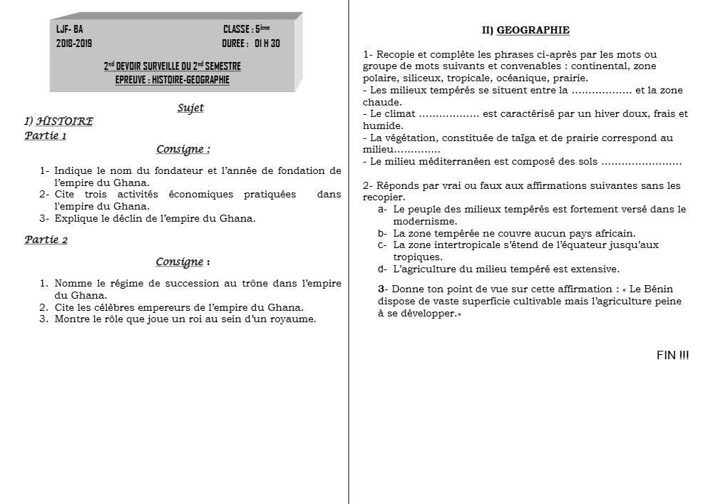 Aperçu de la première page — Histoire Géographie 5e Devoir 2 Semestre 2 CEG Ljf Ba 2018 2019