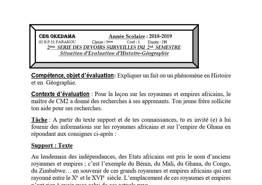 Aperçu de la première page — Histoire Géographie 5e Devoir 2 Semestre 2 CEG Okedama 2018 2019