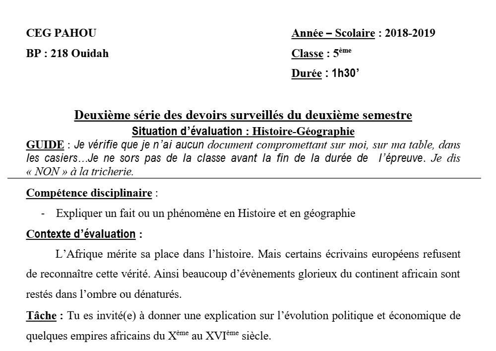 Aperçu de la première page — Histoire Géographie 5e Devoir 2 Semestre 2 CEG Pahou 2018 2019