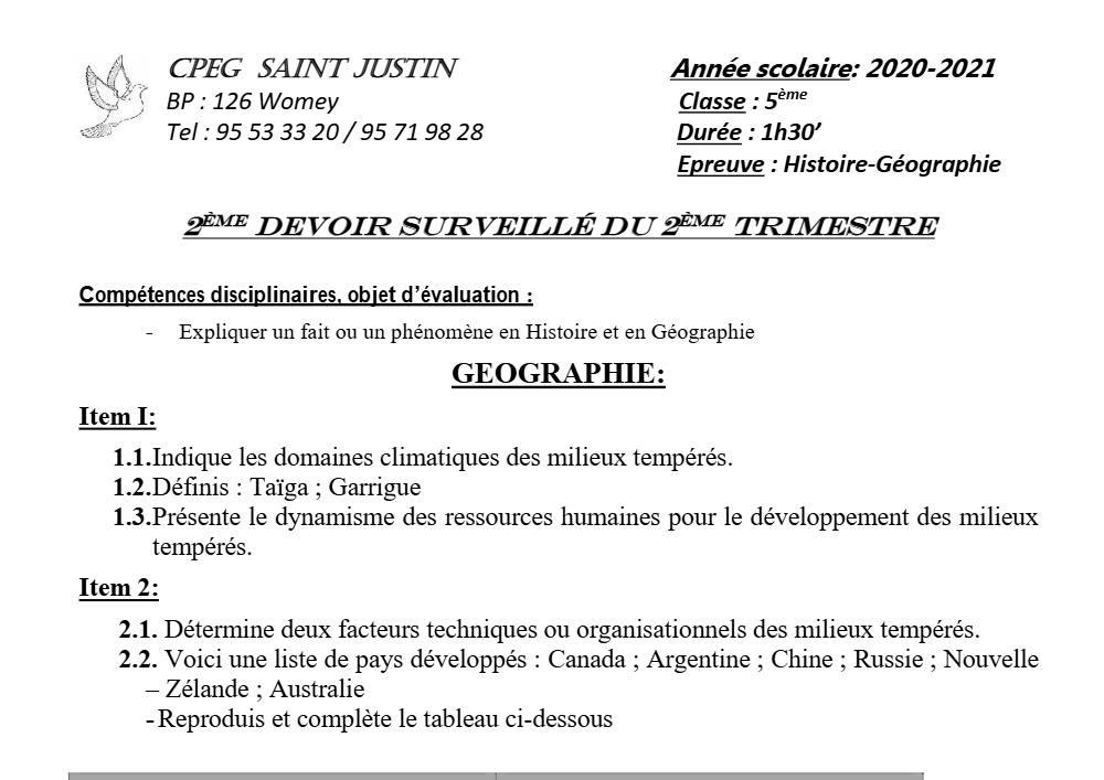 Aperçu de la première page — Histoire Géographie 5e Devoir 2 Trimestre 2 CPEG Saint Justin 2021
