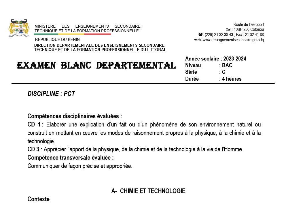 Aperçu de la première page — BAC BLANC LITTORAL - PCT Tle C