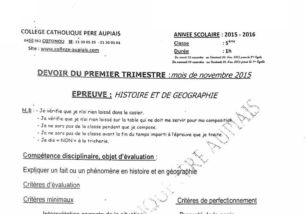 Aperçu de la première page — Histoire Géographie 5e Devoir Trimestre 1 Collège Catholique Père Aupais 2015 2016