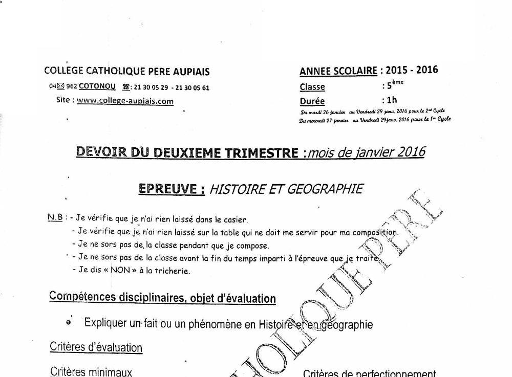 Aperçu de la première page — Histoire Géographie 5e Devoir Trimestre 2 Collège Catholique Père Aupais 2015 2016