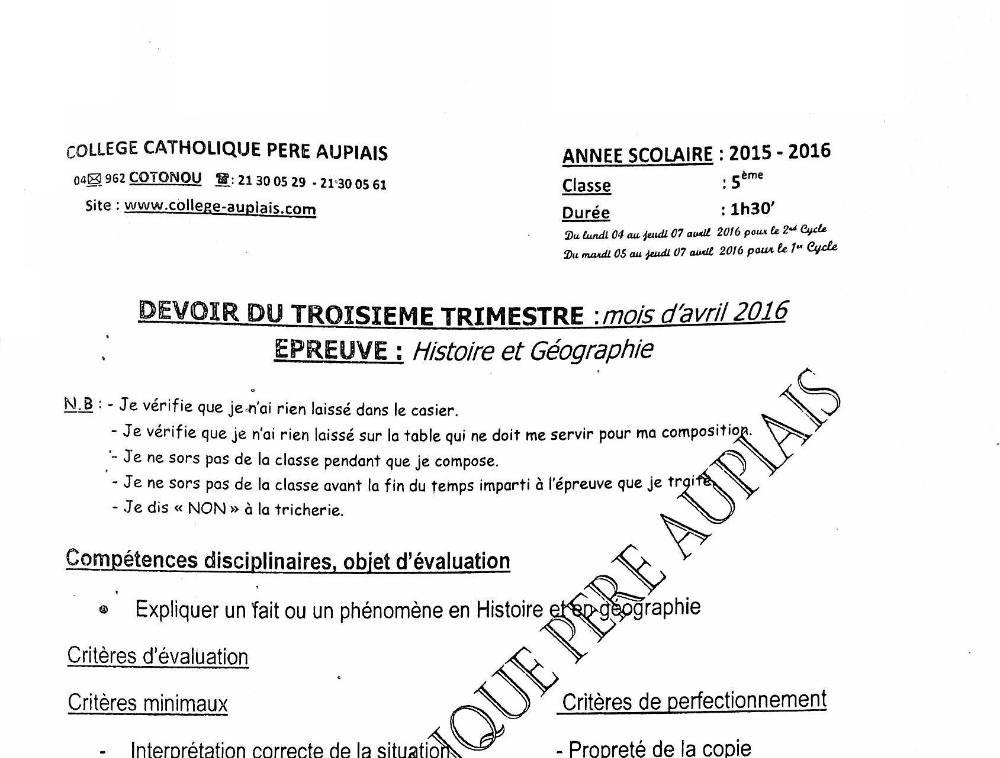 Aperçu de la première page — Histoire Géographie 5e Devoir Trimestre 3 Collège Catholique Père Aupais 2015 2016