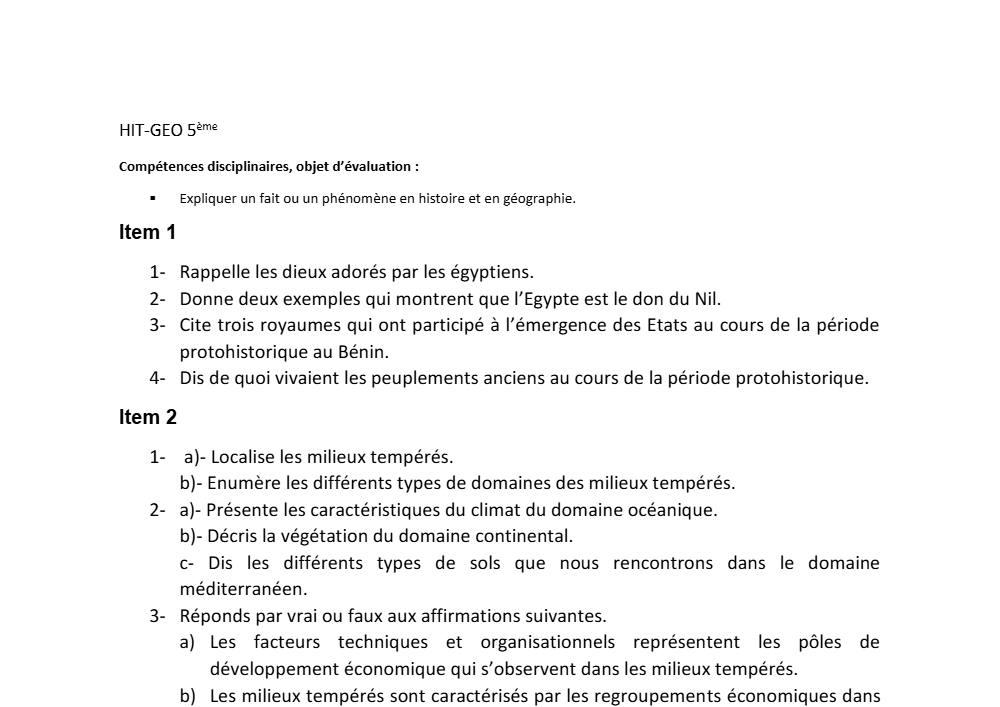 Aperçu de la première page — Histoire Géographie 5e Evaluation Situation D'Evaluation