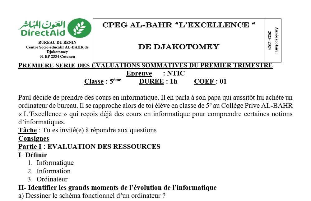 Aperçu de la première page — NTIC 5e Devoir 1 Trimestre 1 CPEG Al Bahr L'Excellence 2023 2024