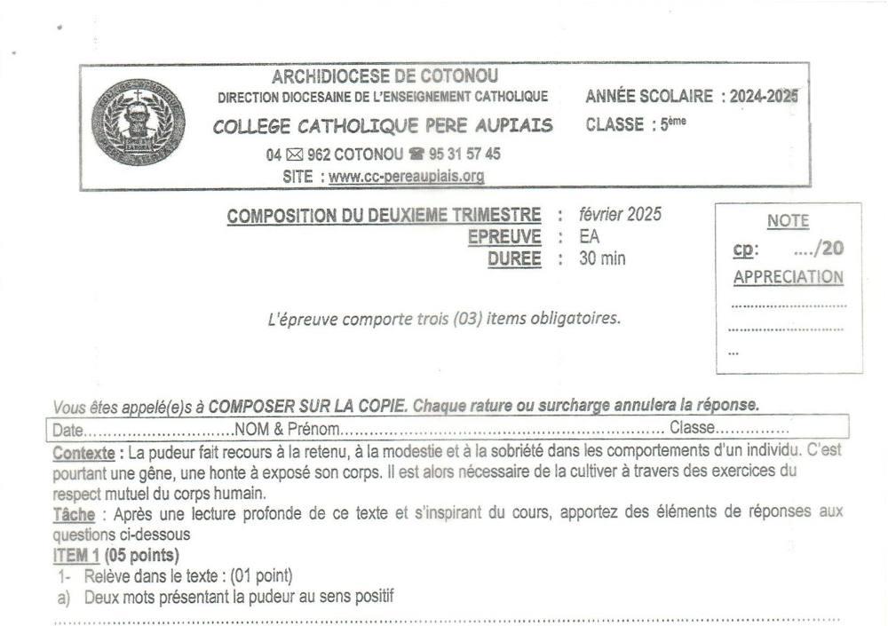 Aperçu de la première page — 5e Éducation Artistique Composition Trimestre 2 Collège Catholique Père Aupiais Février 2025