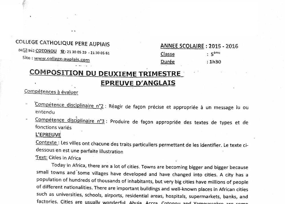 Aperçu de la première page — 5e Anglais Composition Trimestre 2 Collège Catholique Père Aupais 2015 2016