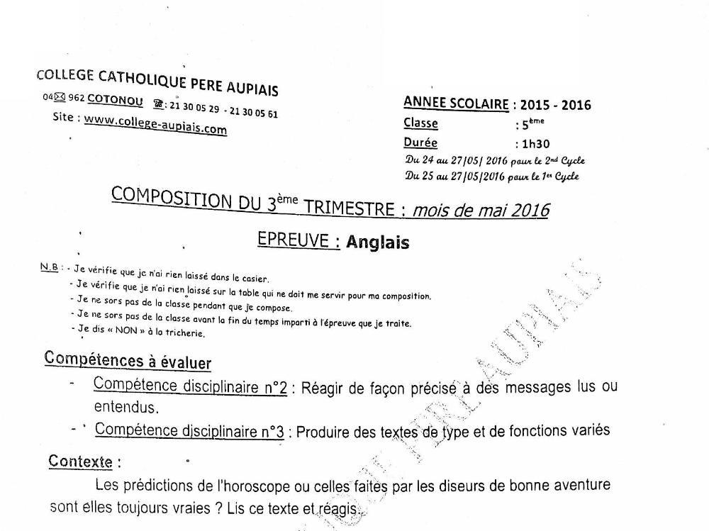 Aperçu de la première page — 5e Anglais Composition Trimestre 3 Collège Catholique Père Aupais 2015 2016