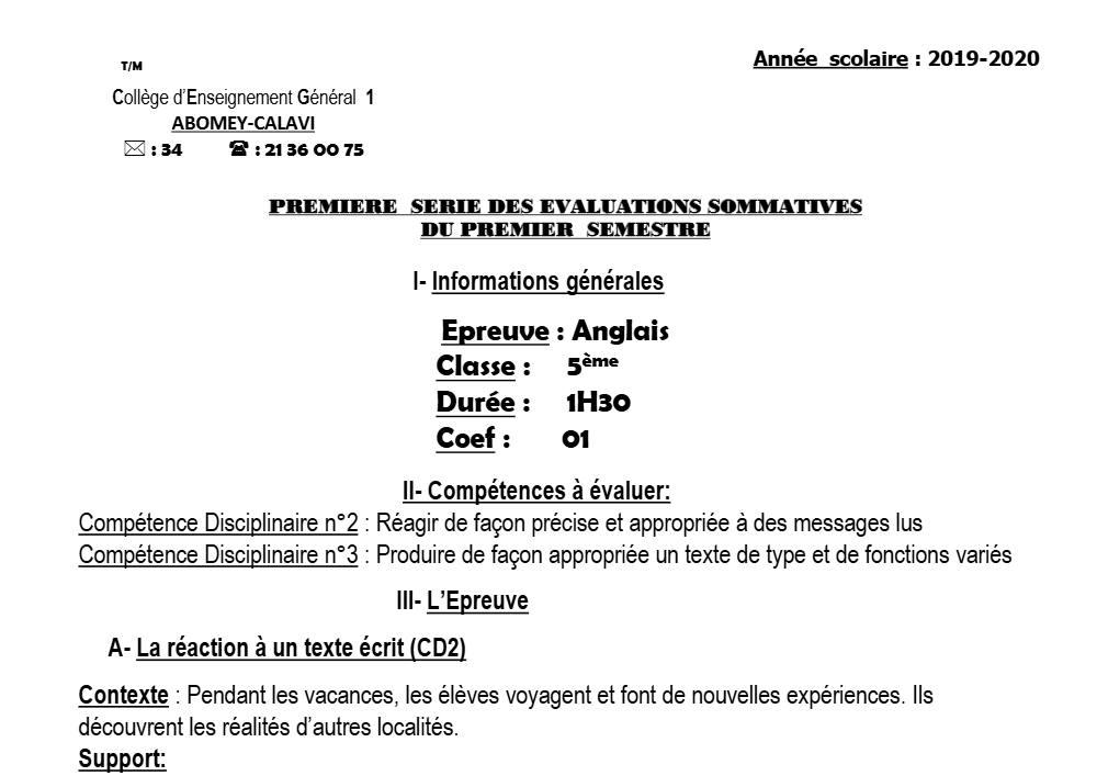 Aperçu de la première page — 5e Anglais Devoir 1 Semestre 1 CEG1 Abomey Calavi 2019 2020