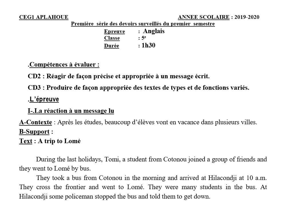 Aperçu de la première page — 5e Anglais Devoir 1 Semestre 1 CEG1 Aplahoué 2019 2020