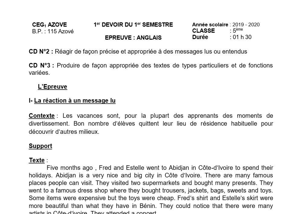 Aperçu de la première page — 5e Anglais Devoir 1 Semestre 1 CEG1 Azové 2019 2020
