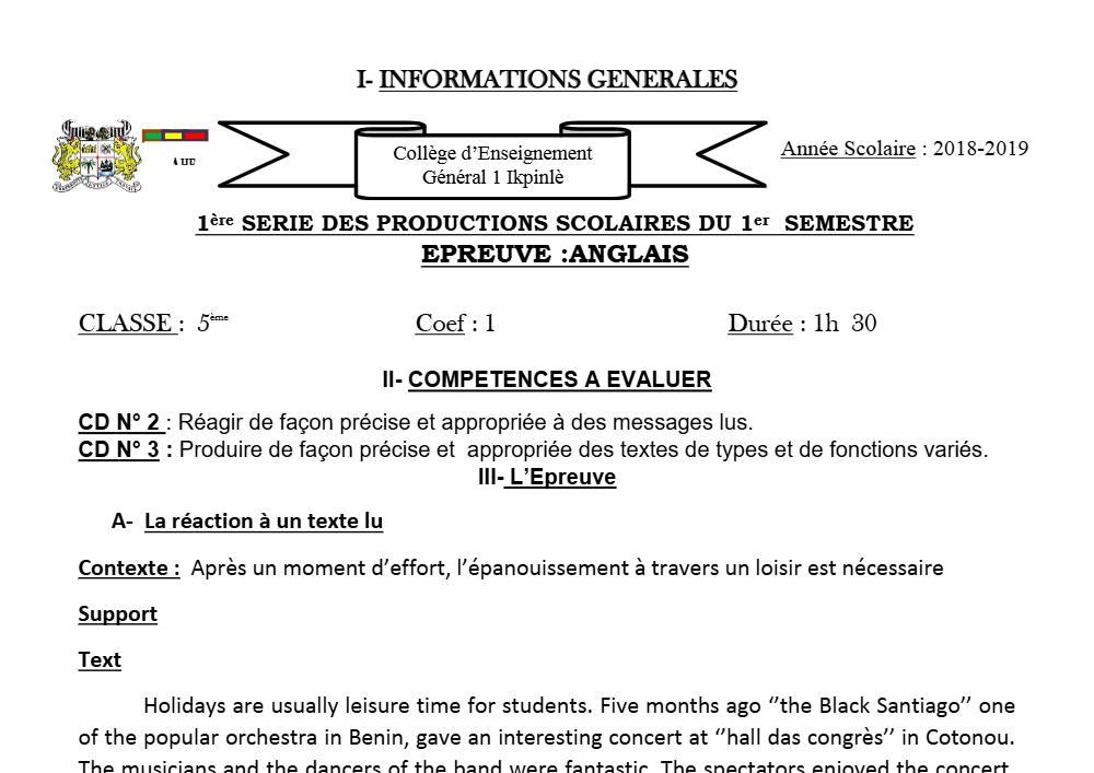 Aperçu de la première page — 5e Anglais Devoir 1 Semestre 1 CEG1 Ikpinlè 2019 2020