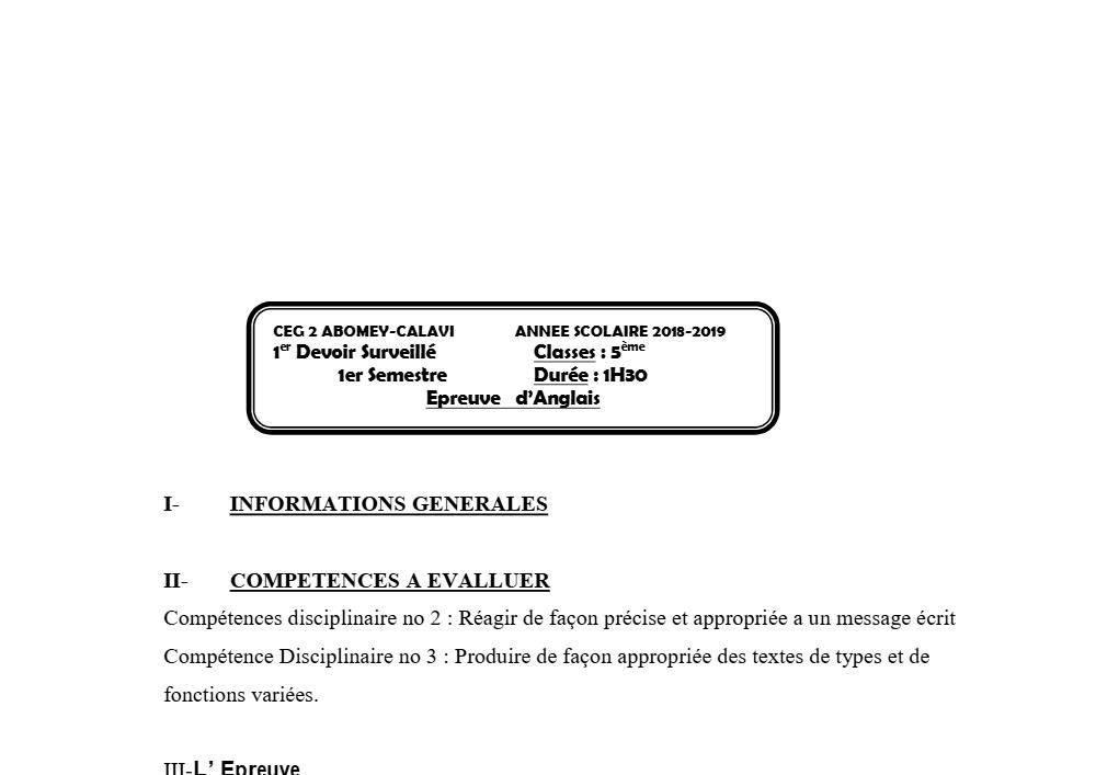 Aperçu de la première page — 5e Anglais Devoir 1 Semestre 1 CEG2 Abomey Calavi 2018 2019