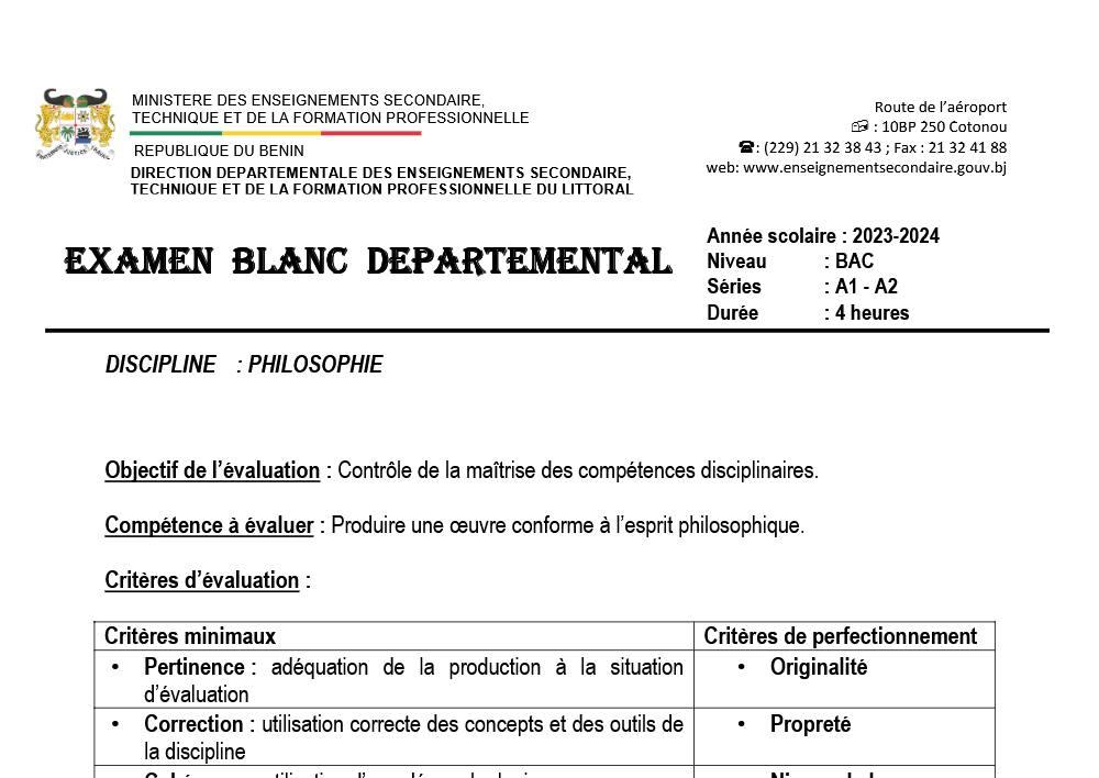 Aperçu de la première page — BAC BLANC LITTORAL - PHILOSOPHIE A1 & A2