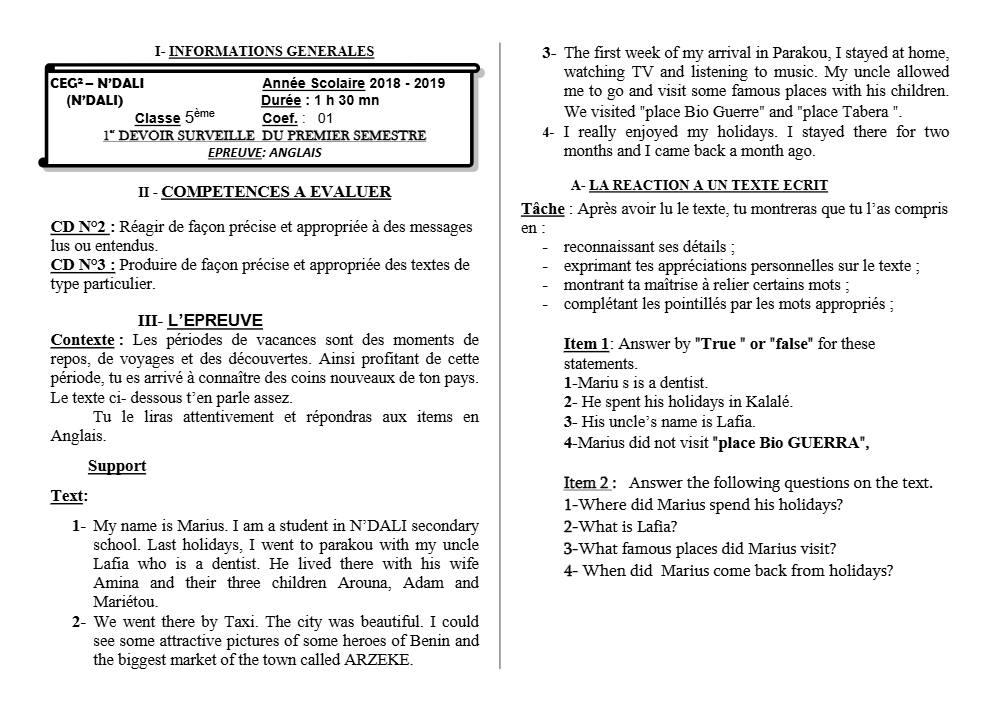 Aperçu de la première page — 5e Anglais Devoir 1 Semestre 1 CEG2 N'Dali 2018 2019