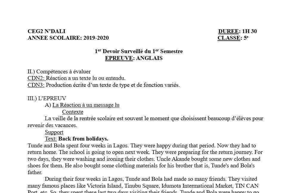 Aperçu de la première page — 5e Anglais Devoir 1 Semestre 1 CEG2 N'Dali 2019 2020
