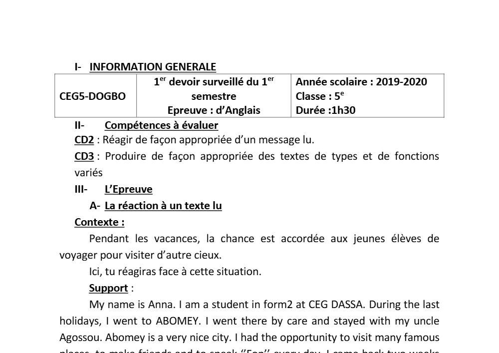 Aperçu de la première page — 5e Anglais Devoir 1 Semestre 1 CEG5 Dogbo 2018 2019