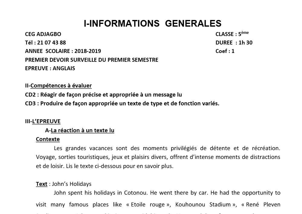 Aperçu de la première page — 5e Anglais Devoir 1 Semestre 1 CEG Adjagbo 2018 2019