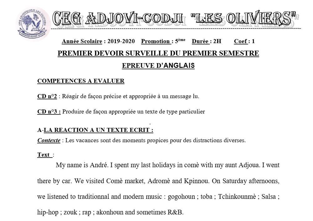 Aperçu de la première page — 5e Anglais Devoir 1 Semestre 1 CEG Adjovi Codji 2019 2020