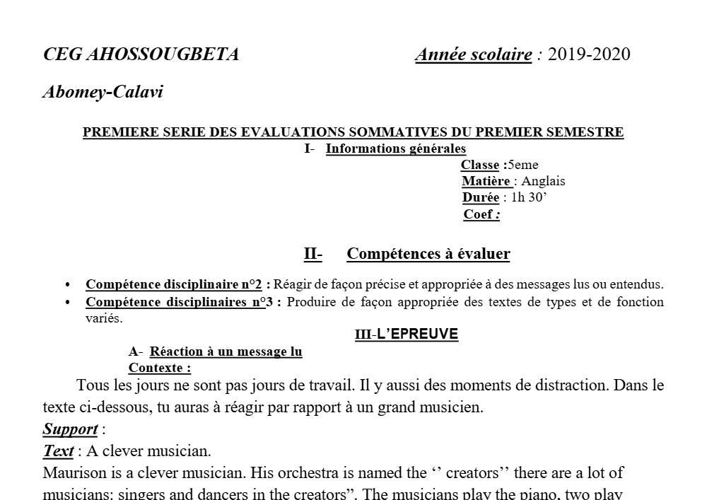 Aperçu de la première page — 5e Anglais Devoir 1 Semestre 1 CEG Ahossougbéta 2019 2020