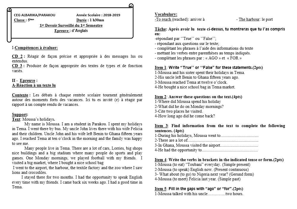 Aperçu de la première page — 5e Anglais Devoir 1 Semestre 1 CEG Albarika 2018 2019