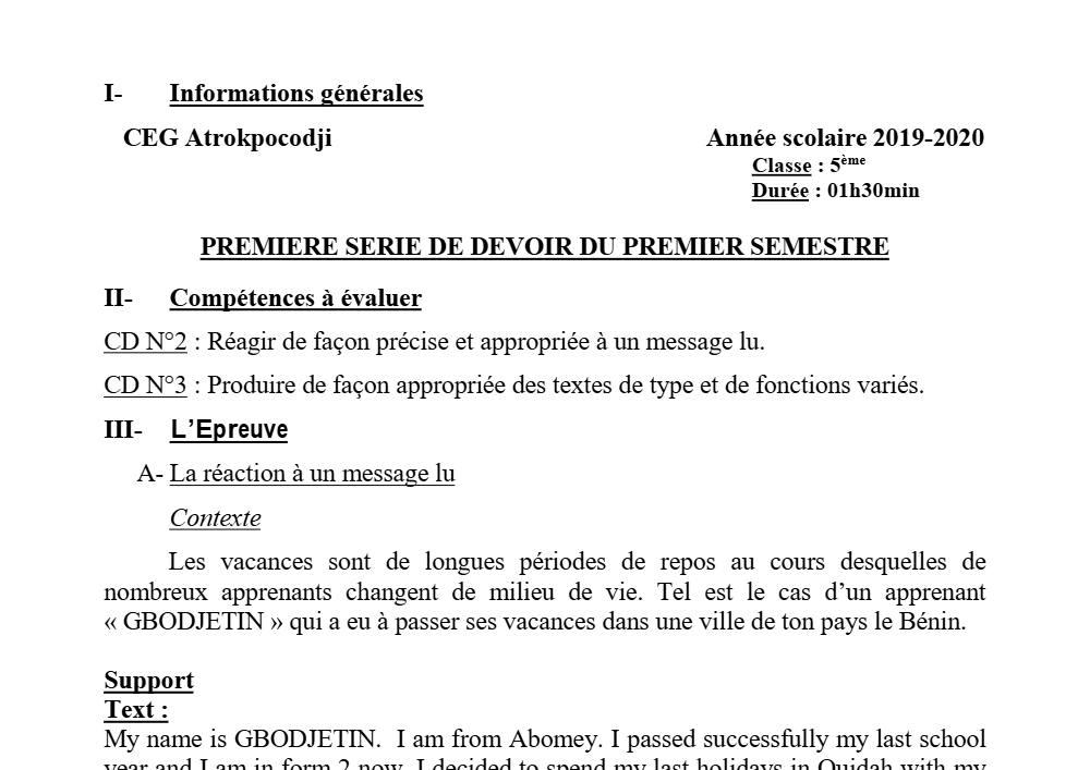 Aperçu de la première page — 5e Anglais Devoir 1 Semestre 1 CEG Atrokpocodji 2019 2020