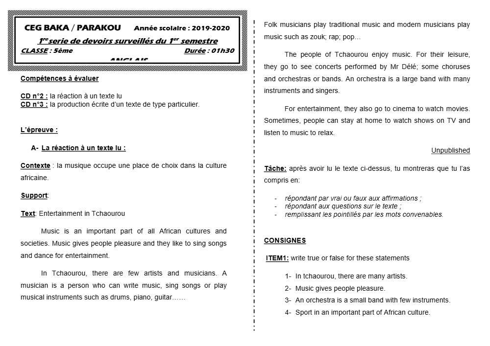 Aperçu de la première page — 5e Anglais Devoir 1 Semestre 1 CEG Baka 2019 2020