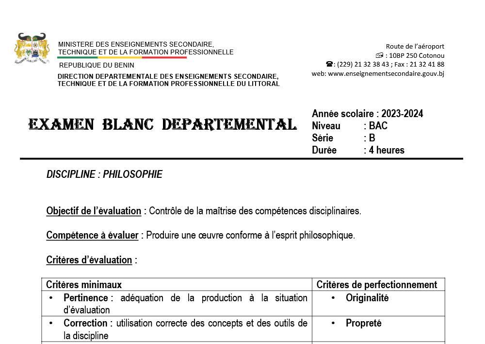Aperçu de la première page — BAC BLANC LITTORAL - PHILOSOPHIE Tle B