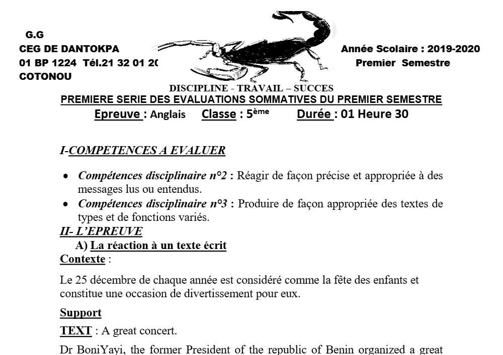 Aperçu de la première page — 5e Anglais Devoir 1 Semestre 1 CEG Dantokpa 2019 2020 (2)