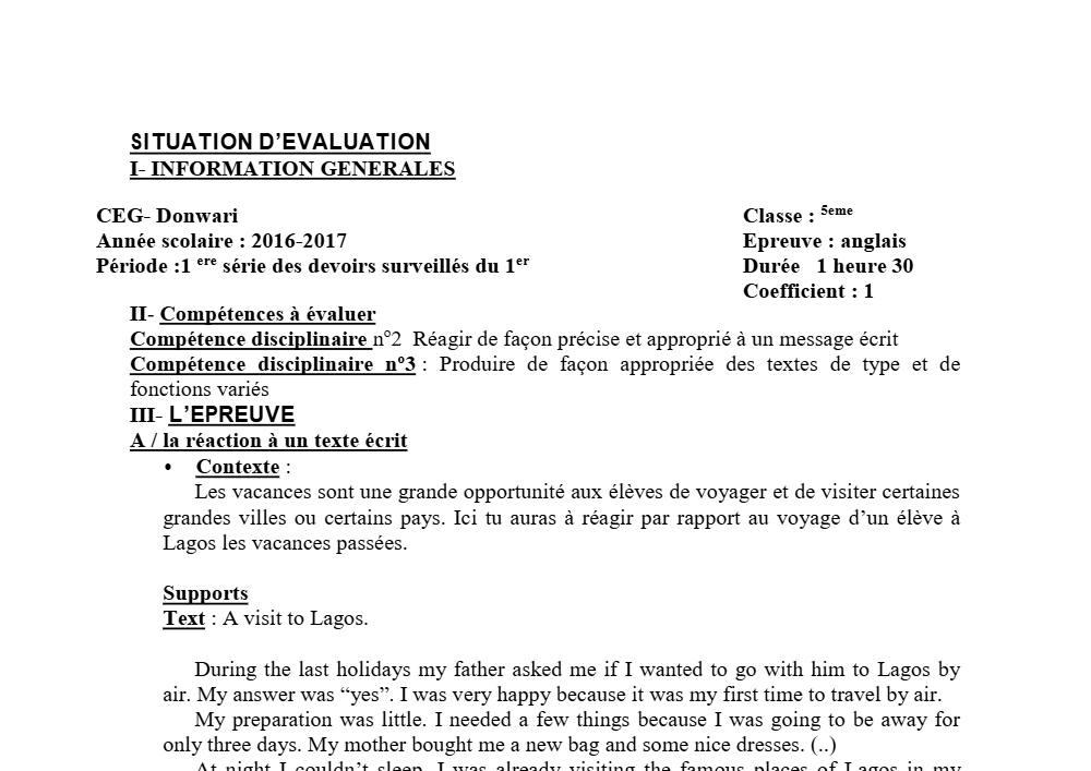 Aperçu de la première page — 5e Anglais Devoir 1 Semestre 1 CEG Donwari 2018 2019