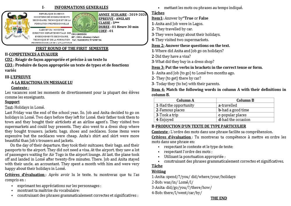 Aperçu de la première page — 5e Anglais Devoir 1 Semestre 1 CEG Gbessou 2019 2020