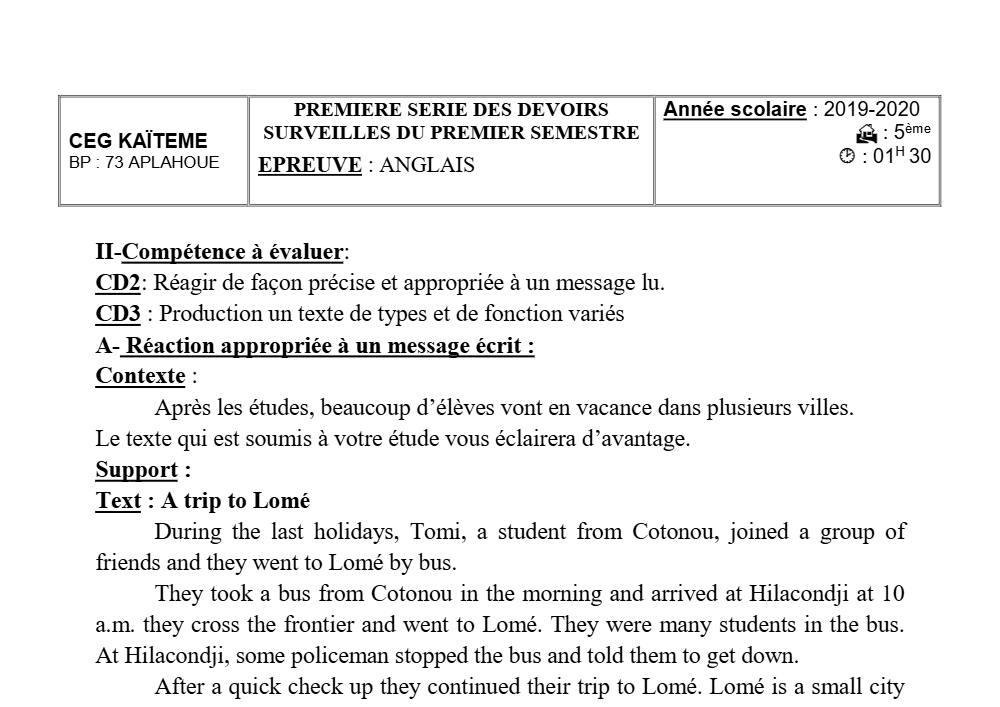 Aperçu de la première page — 5e Anglais Devoir 1 Semestre 1 CEG Kaïteme 2019 2020