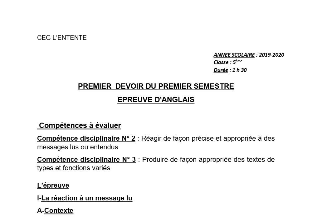 Aperçu de la première page — 5e Anglais Devoir 1 Semestre 1 CEG L'Entente 2019 2020