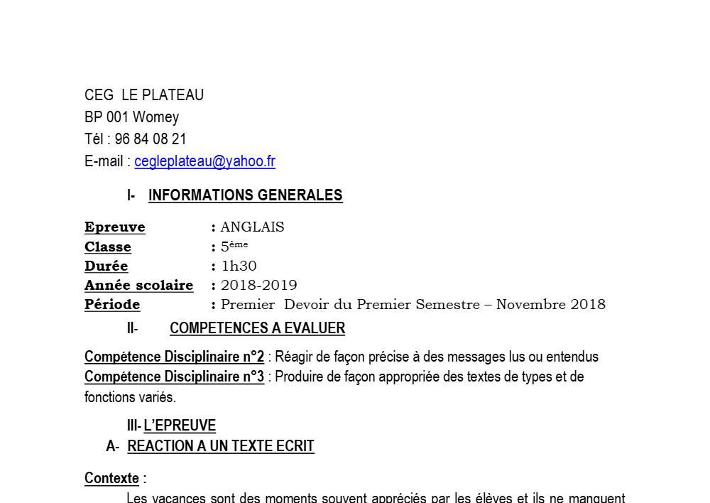 Aperçu de la première page — 5e Anglais Devoir 1 Semestre 1 CEG Le Plateau 2018 2019