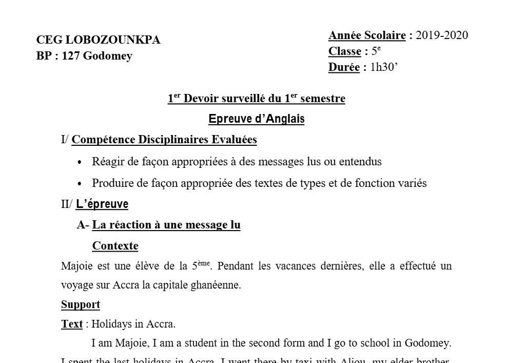 Aperçu de la première page — 5e Anglais Devoir 1 Semestre 1 CEG Lobozounkpa 2019 2020